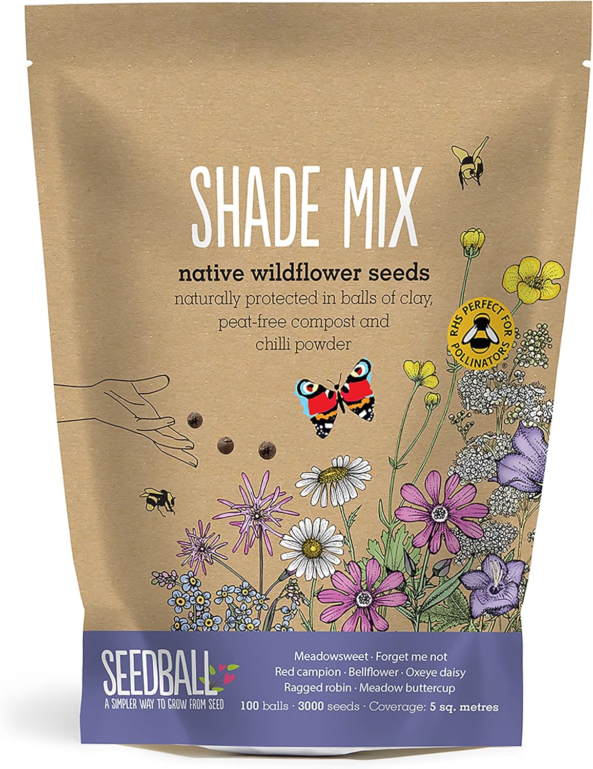 Seedball Shade Mix Wildflower Seed Bombs - 100 Seed Balls Per Pack | Bee Friendly Clay Balls With Native British Seeds for Shady Gardens, Pots &amp;amp; Balconies for Autumn &amp;amp; Spring - Easy No-Dig Planting