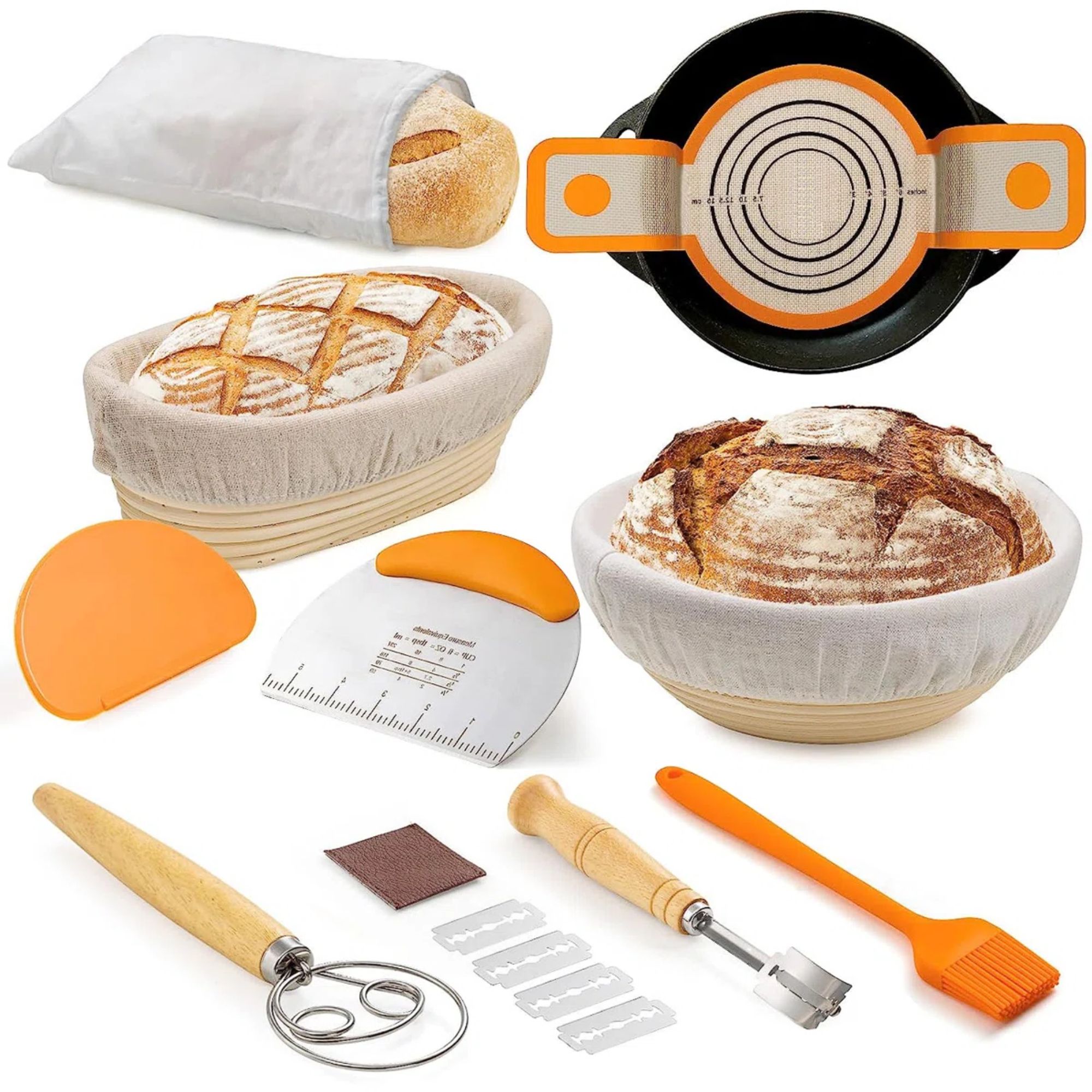 Bread-making kit containing orange silicone proofing tools, two proofing baskets, and whisks and scrapers