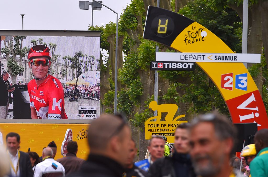 Alexander Kristoff (Katusha) is flashed up on the big screen before the stage start