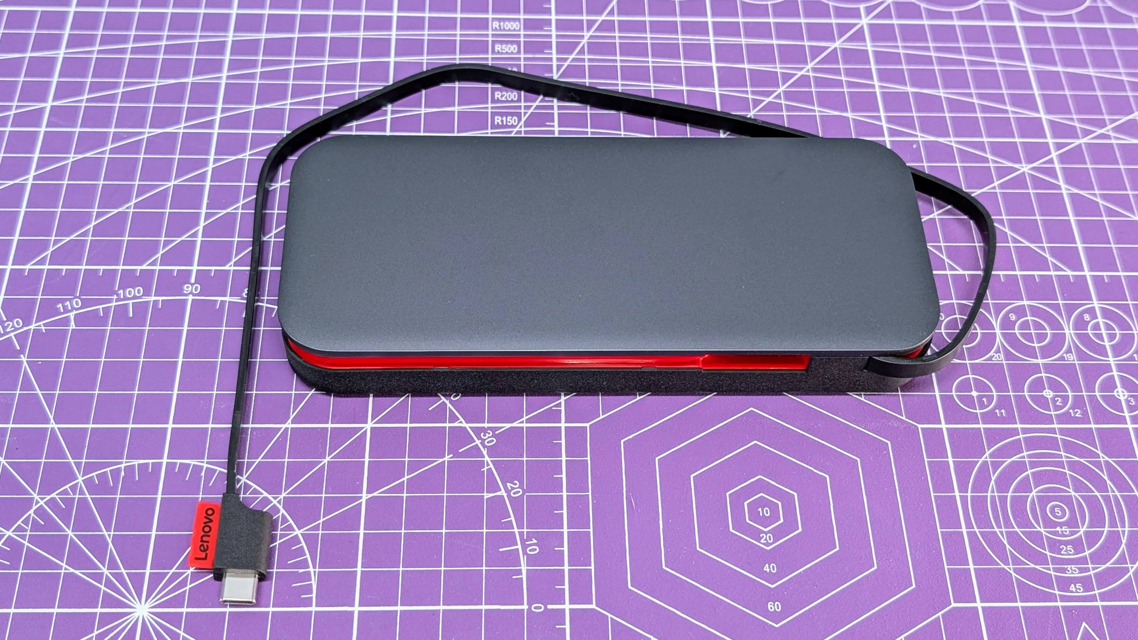 Lenovo Go USB-C laptop power bank from above showing the unfolded USB-C cable