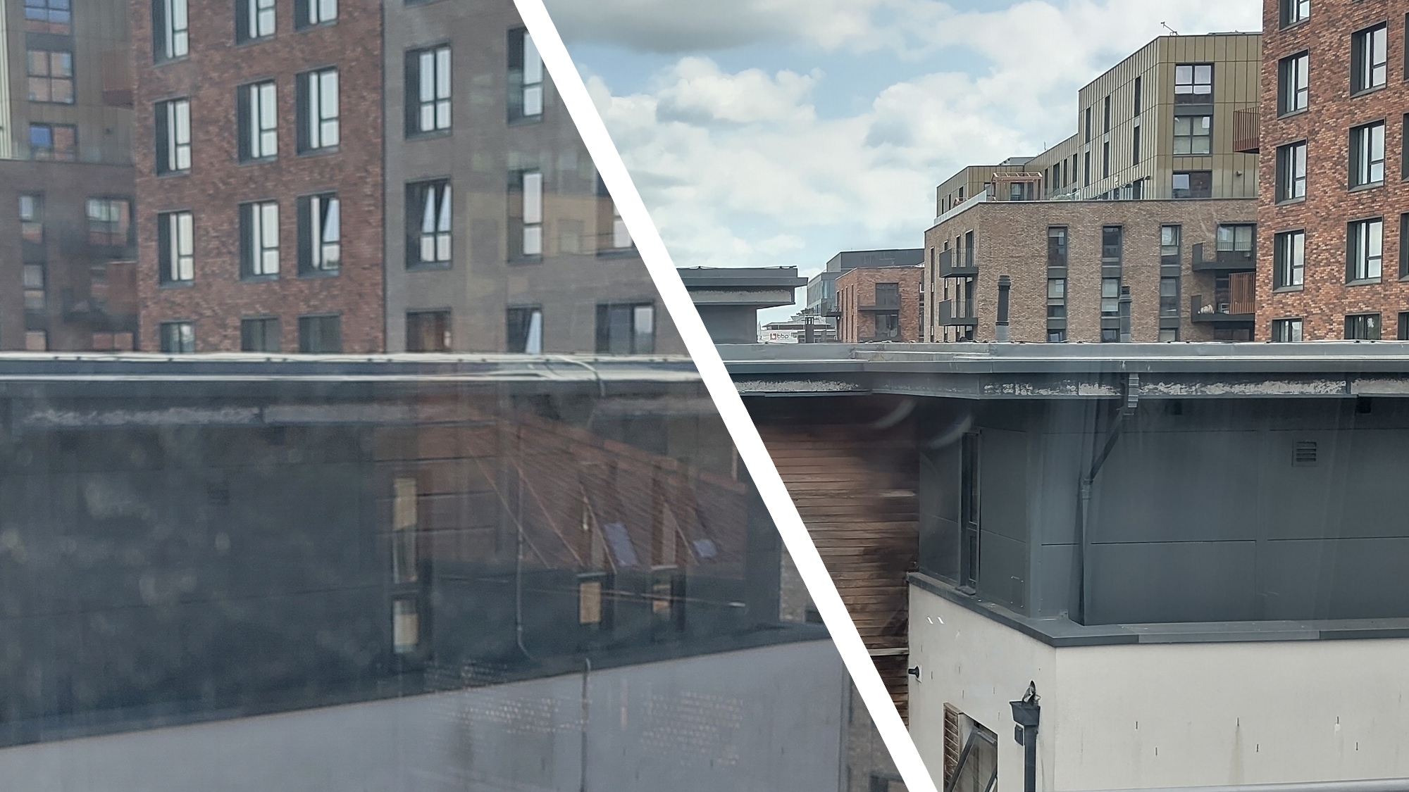 Split image showing window before and after cleaning with Ecovacs WinBot W2 Pro Omni