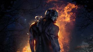 Dead by Daylight killer standing in front of flames