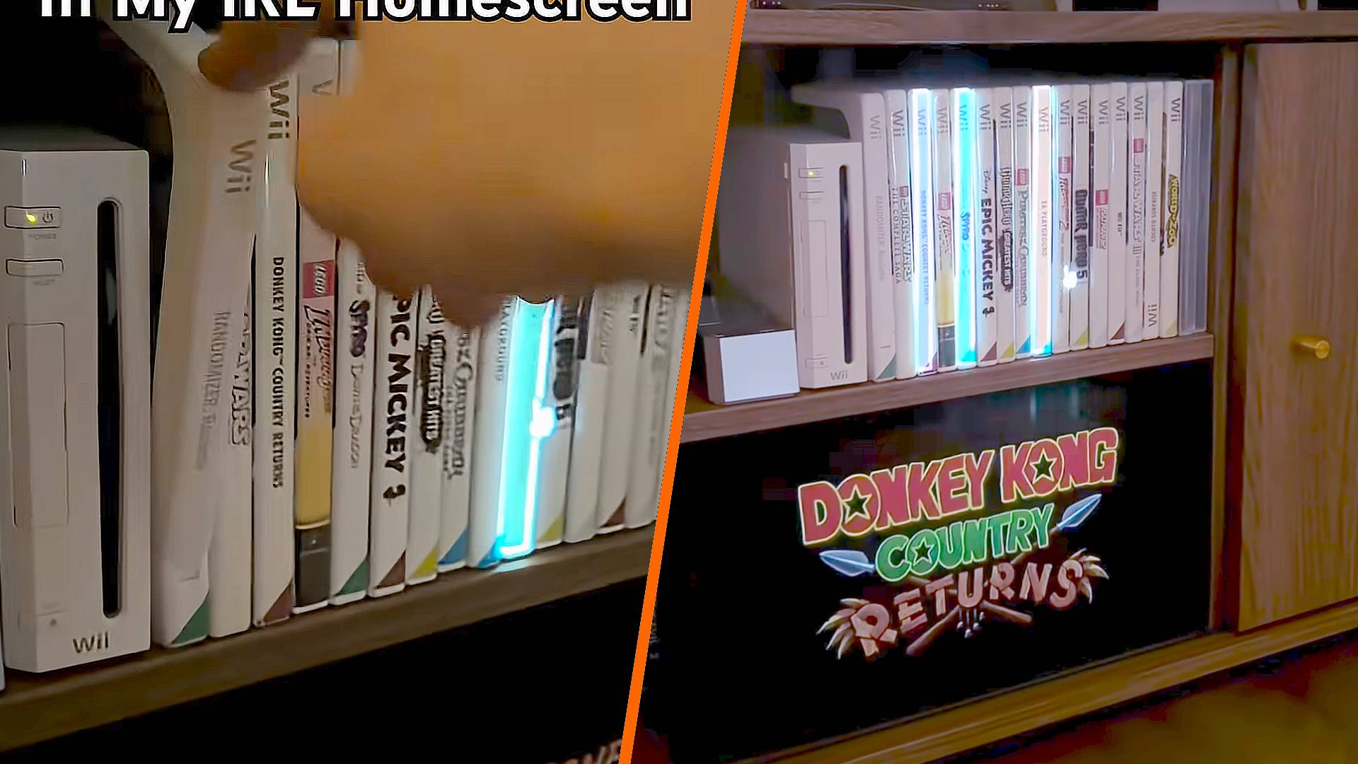 Split image with left featuring hand pulling Wii Randomizer Roulette box and right showing random selection lights with Donkey Kong Country Returns art under shelf.