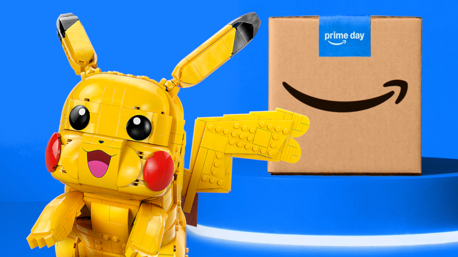 Lego Pikachu against a blue background with a Prime Day box visible behind