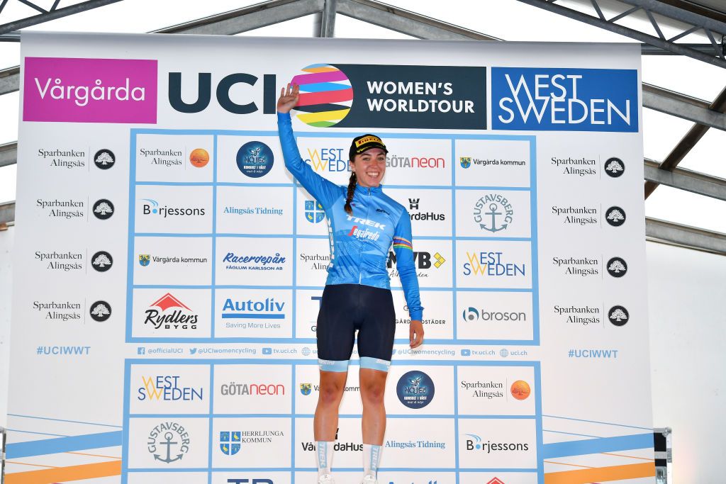 VARGARDA SWEDEN AUGUST 07 Shirin Van Anrooij of Netherlands and Team Trek Segafredo UCI Best Young Jersey celebrates on the podium ceremony after during the 15th Postnord Vrgrda WestSweden 2022 Road Race a 1257km stage from Vargarda to Vargarda UCIWWT VargardaCycling on August 07 2022 in Vargarda Sweden Photo by Luc ClaessenGetty Images