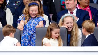 Prince Louis, Mia Tindall, Princess Charlotte, Savannah Phillips and Prince George attend the Platinum Pageant on The Mall on June 5, 2022