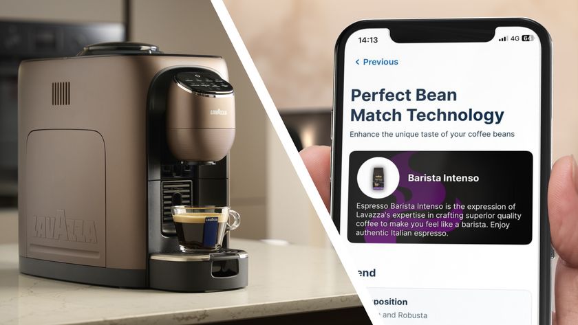 Split image of Lavazza Assoluta Bean-to-Cup coffee machine and Lavazza mobile app