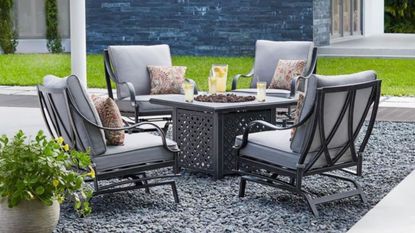 outdoor furniture at Home Depot Hamptons fire pit dining set lifestyle