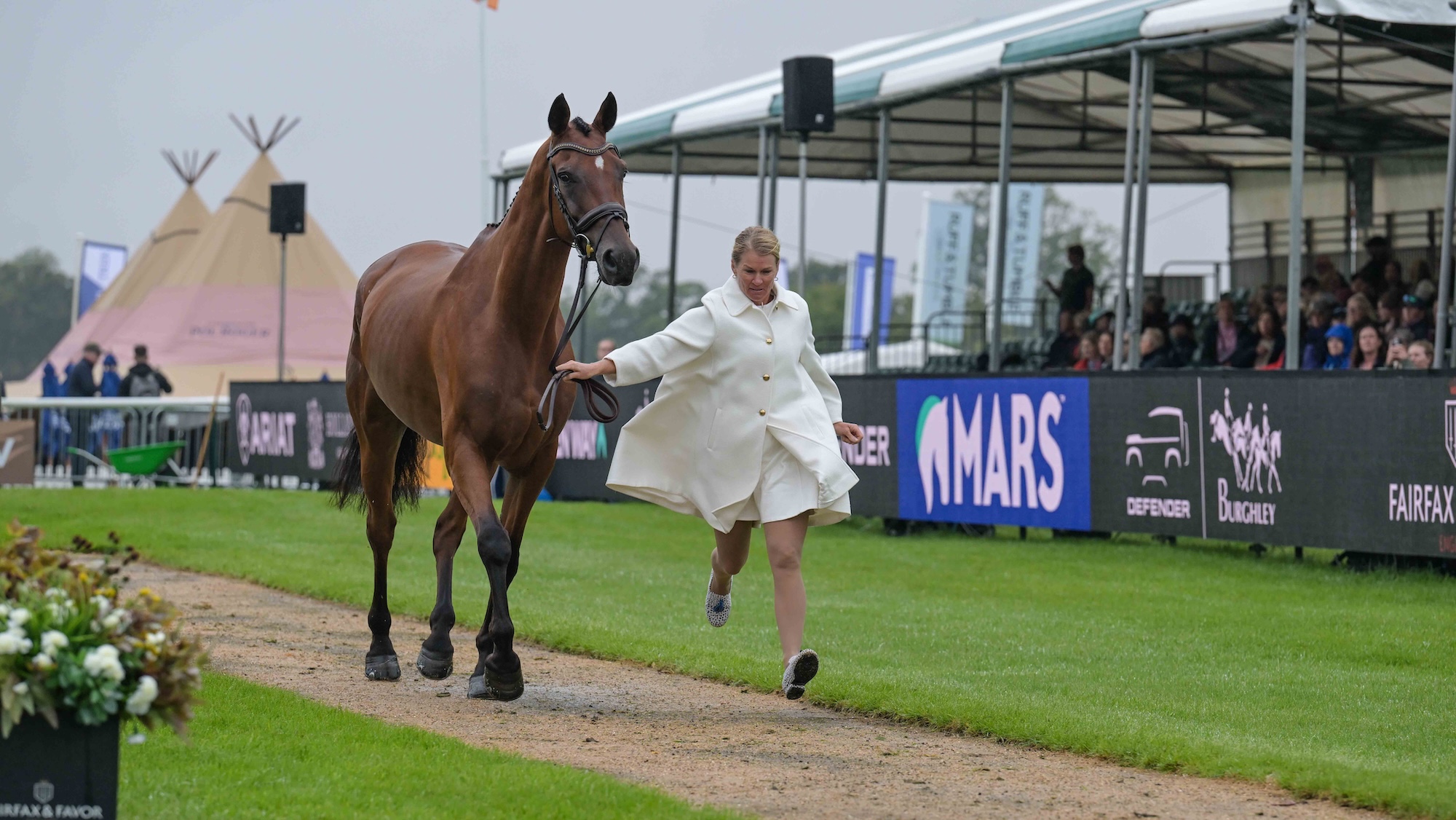 Jonelle Price (NZL) riding Chilli's Midnight Star in the fist Horse Inspection before the start of the Defender Burghley Horse Trials 2026