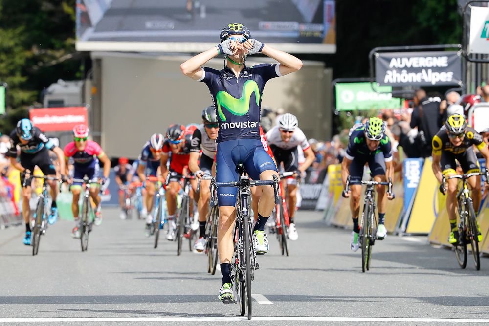 Jesus Herrada (Movistar) celebrates after winning stage 2 at the Criterium du Dauphine