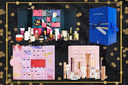 collage of the best beauty advent calendars in 2022 from Cult Beauty, Sephora, John lewis and Charlotte Tilbury