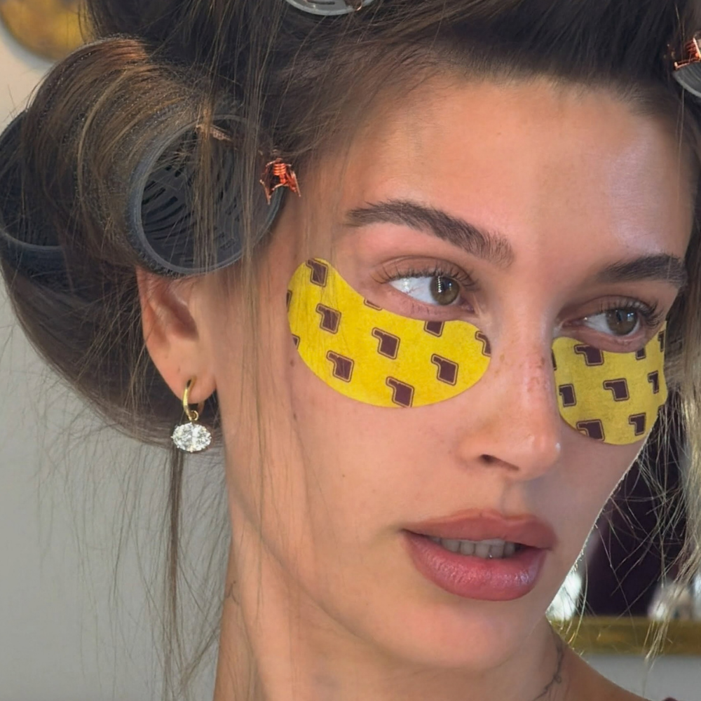 Hailey Bieber wearing Rhode eye masks