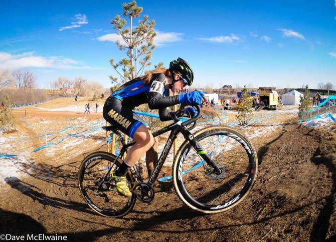 Kaitie Antonneau (Marian) riding some mud with two laps to go