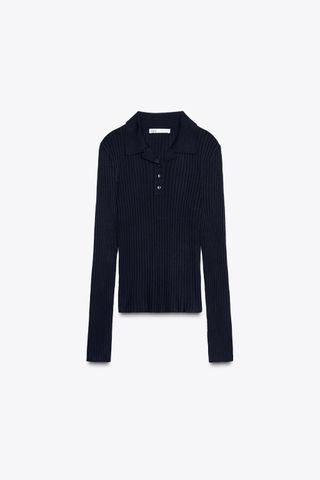 Ribbed Knit Polo Sweater