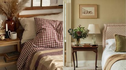 Piglet in Bed Gingham Linen Duvet Cover; the Upton Headboard against a cream wall. 