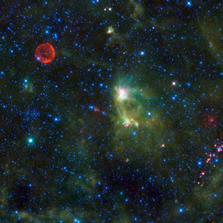 This image from NASA's Wide-field Infrared Survey Explorer (WISE) shows the constellation Cassiopeia. The red circle visible in the upper left part of the image is SN 1572, often called