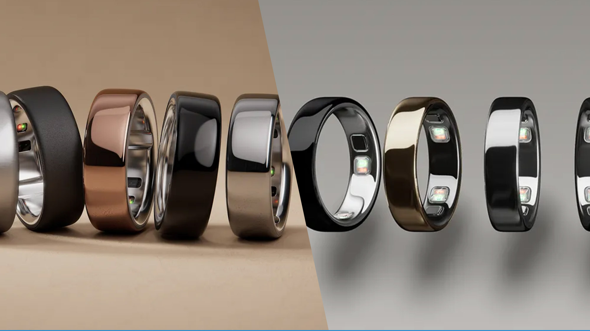 The Oura Ring 4 colors next to the Oura Ring 5 colors   