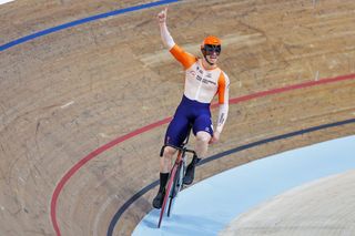 Harrie Lavreysen of The Netherlands celebrating his victory as part of the men's Dutch team that won the Team Sprint at Glasgow Worlds 2023