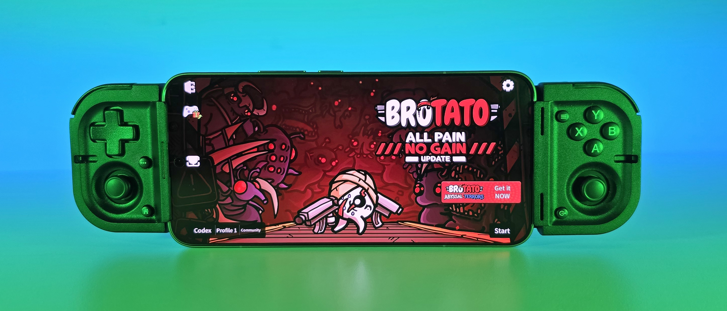 Full front view of a smartphone playing the game Brotato, clamped horizontally inside a black Razer Prio mobile controller on a green backdrop.