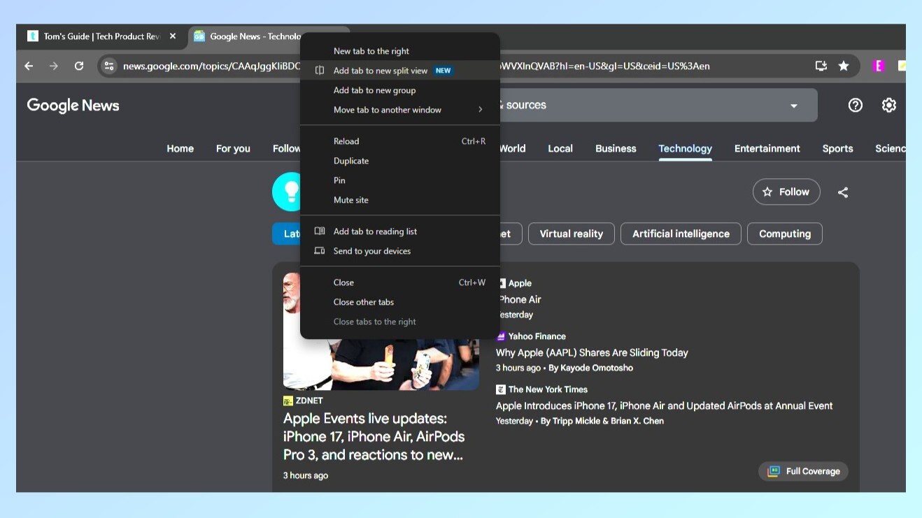 A screenshot showing how you can add tabs to Chrome's new Split View mode