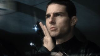 Tom Cruise studies evidence on his computer display in Minority Report.