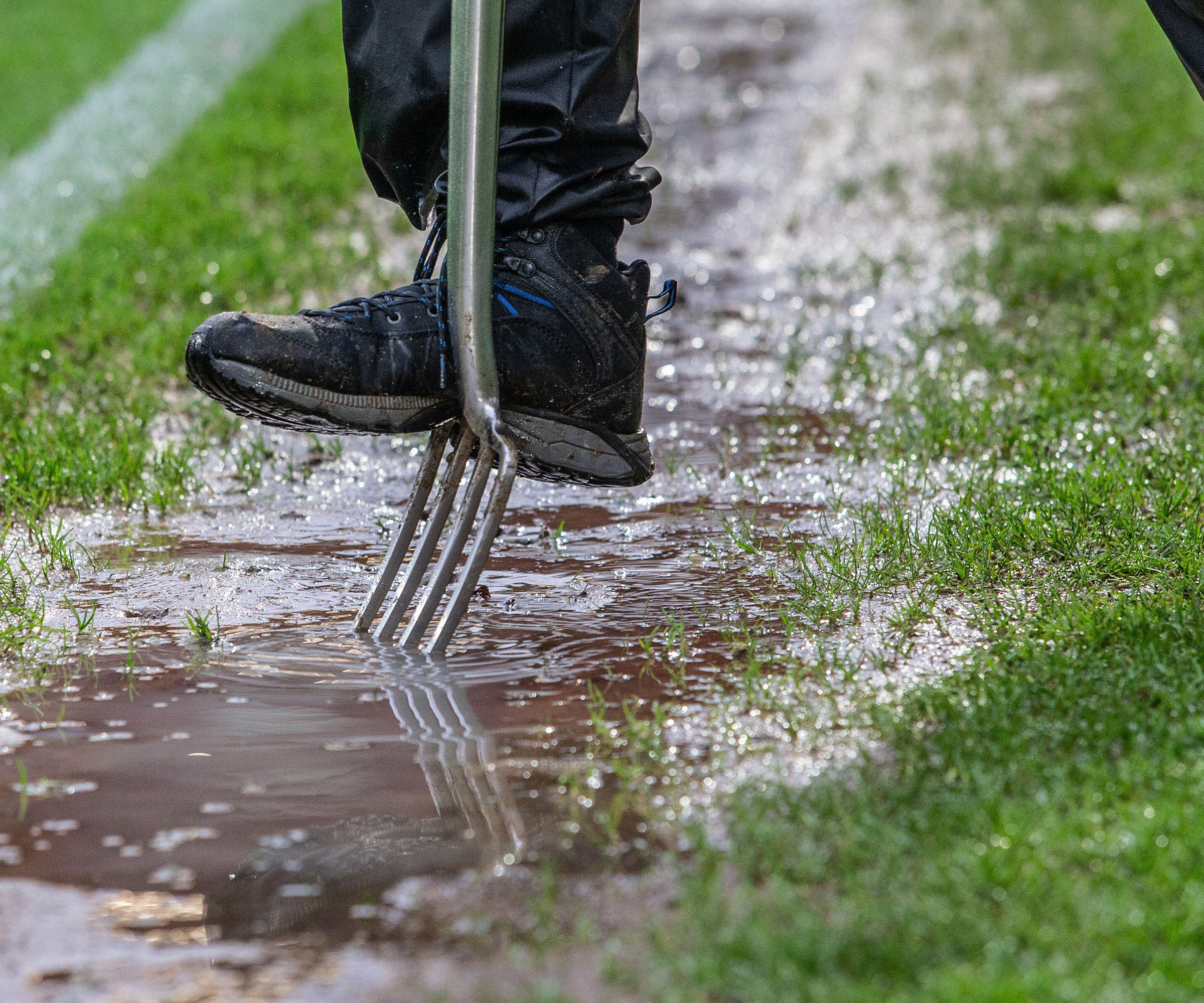 aerating grass helping to drain water from waterlogged grass