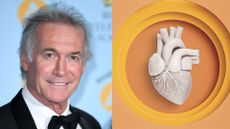 Dr Hilary Jones next to paper-made heart to symbolise a heart attack