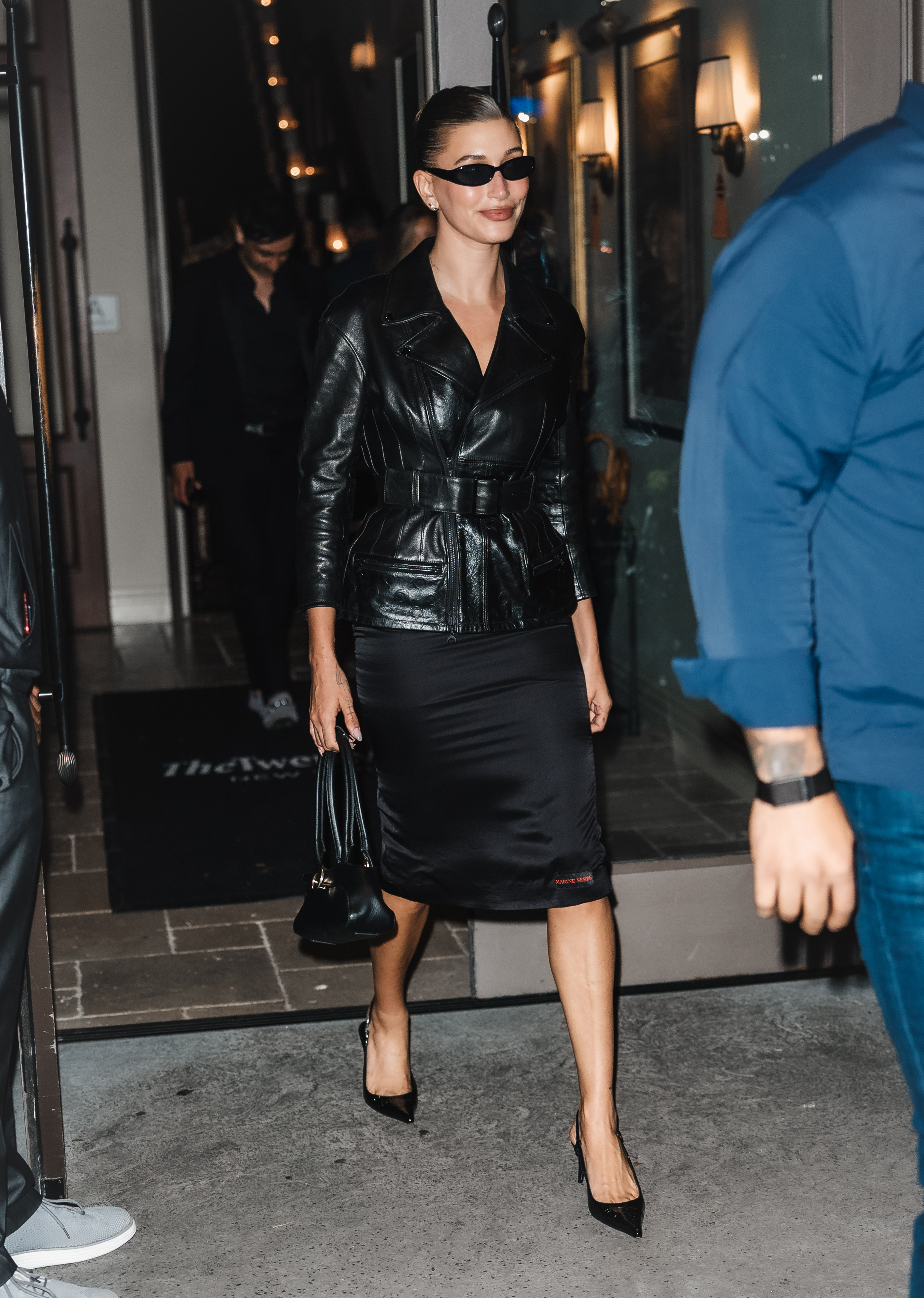 Hailey Bieber wearing an all-black leather outfit in September 2025