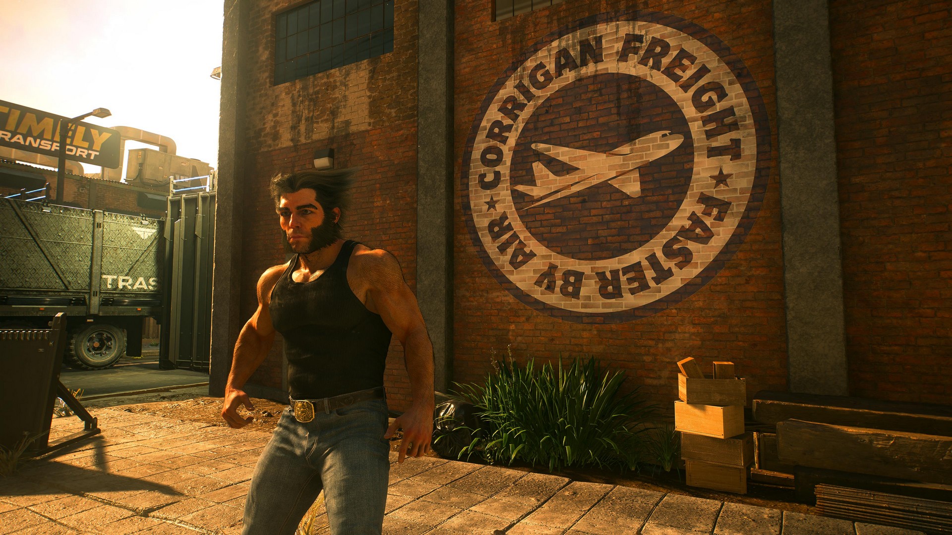 Logan stands next to a Corrigan Freight logo in Marvel's Wolverine, which has an airplane in a circle