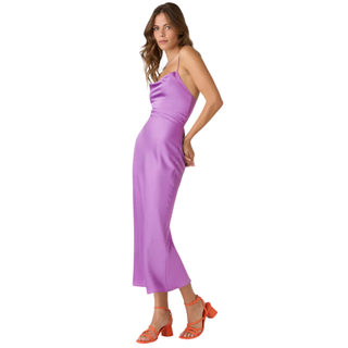 woman wearing lilac silky midi dress
