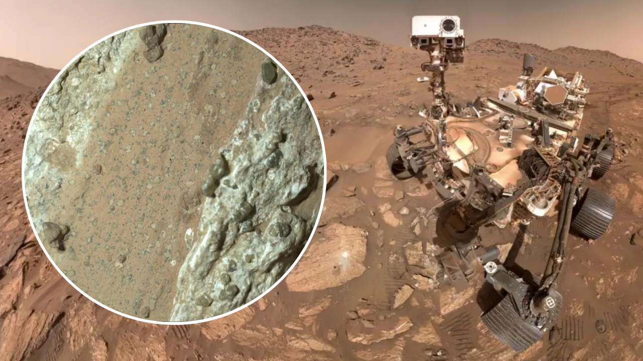 A mars rover with an inset showing a close up of mars rocks