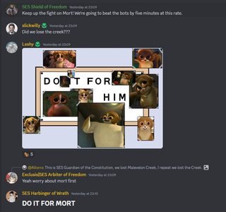 An image of several players in the Helldivers 2 discord chatting about the liberation of Mort, with one image reading "Do it for him", collaging several motivational mort pics together.