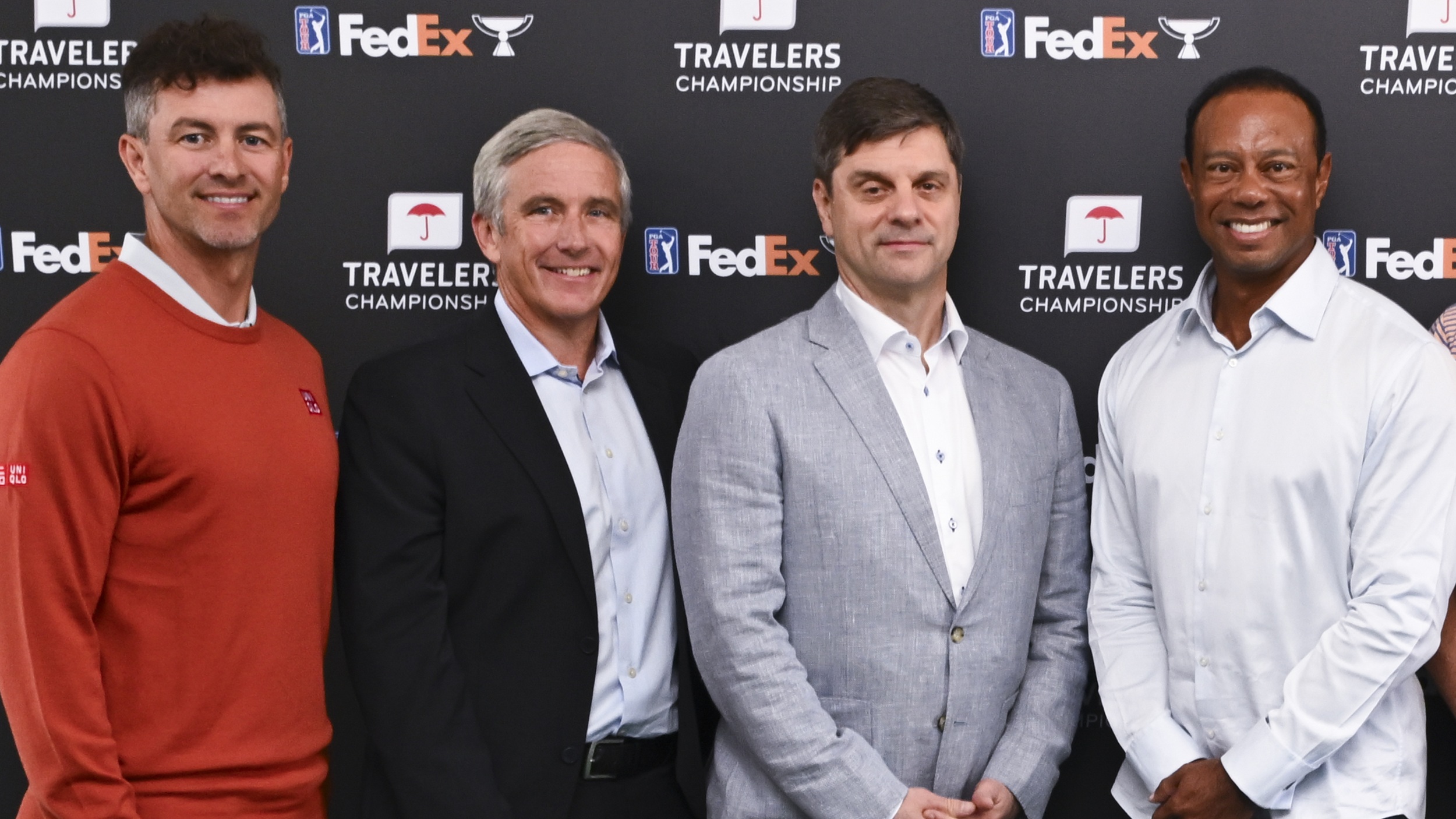 New PGA Tour CEO Brian Rolapp with outgoing commissioner Jay Monahan Tiger Woods and Adam Scott