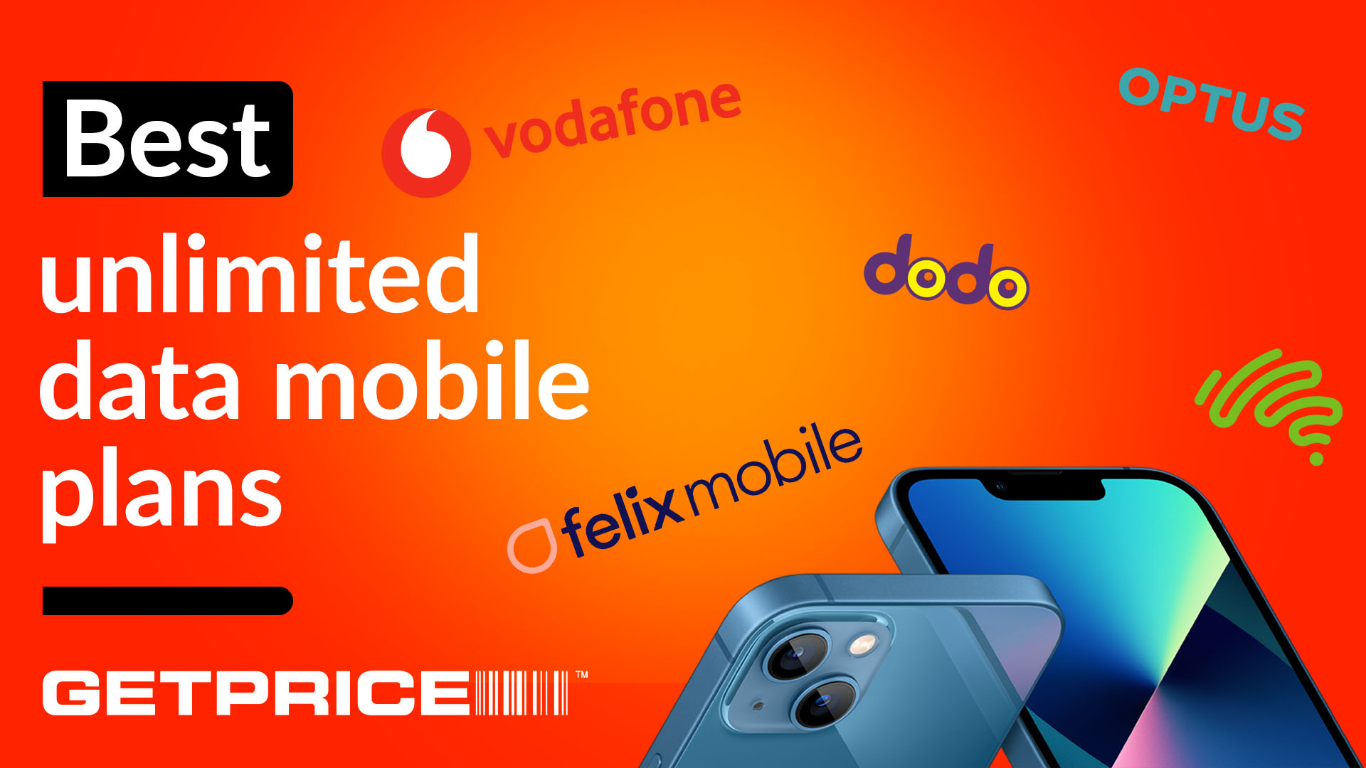 Orange/red background with white writing that says Best unlimited data mobile plans on the left hand side with an image of an iPhone and multiple telco logos above it