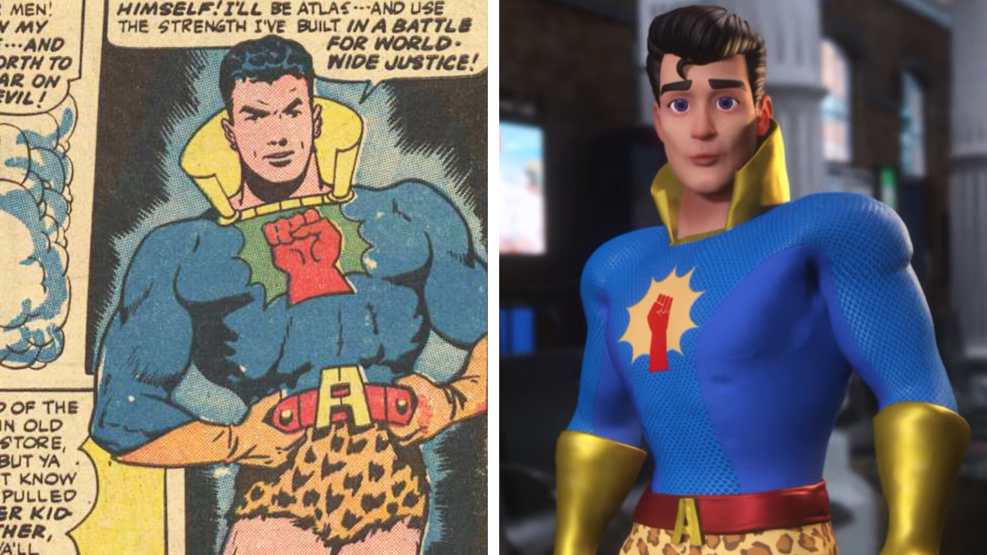 Superhero Atlas the Mighty from a 1964 comic and the hero in 3D in the new Atlas The Animated Movie