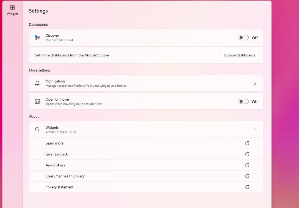 Windows 11 desktop with the Widgets board open in the settings section.