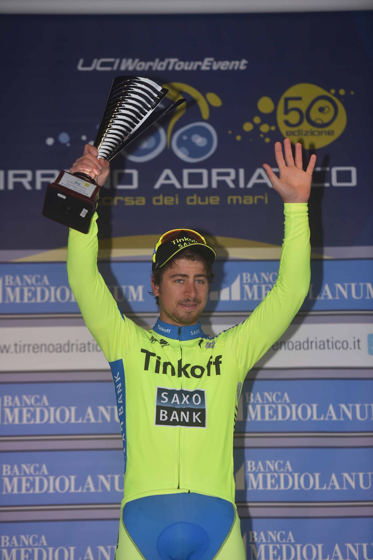 Peter Sagan waves from the podium