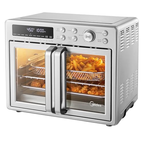 Midea Flexify French Door Toaster Oven Air Fryer Combo, 26.4 Qt, Extra Large Air Fryer Countertop Oven 10-In-1 Combo, 25% Faster Cooking and 90% Less Oil, Stainless Steel