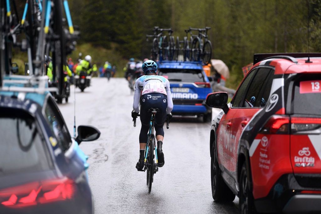 CORTINA DAMPEZZO ITALY MAY 24 Aleksander Vlasov of Russia and Team Astana Premier Tech white best young jersey passing through Passo Giau 2233m during the 104th Giro dItalia 2021 Stage 16 a 153km stage shortened due to bad weather conditions from Sacile to Cortina dAmpezzo 1210m girodiitalia Giro on May 24 2021 in Cortina dAmpezzo Italy Photo by Tim de WaeleGetty Images