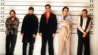 (left to right) Kevin Pollack, Stephen Baldwin, Benicio del Toro, Gabriel Byrne and Kevin Spacey in a police lineup in The Usual Suspects