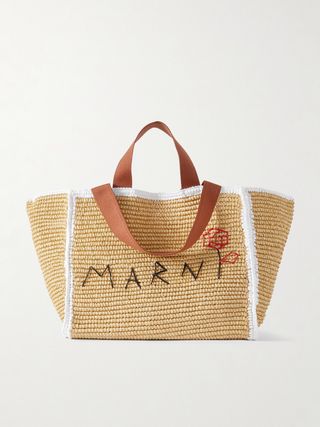 Sillo Medium Webbing-Trimmed Embroidered Raffia Tote Bag