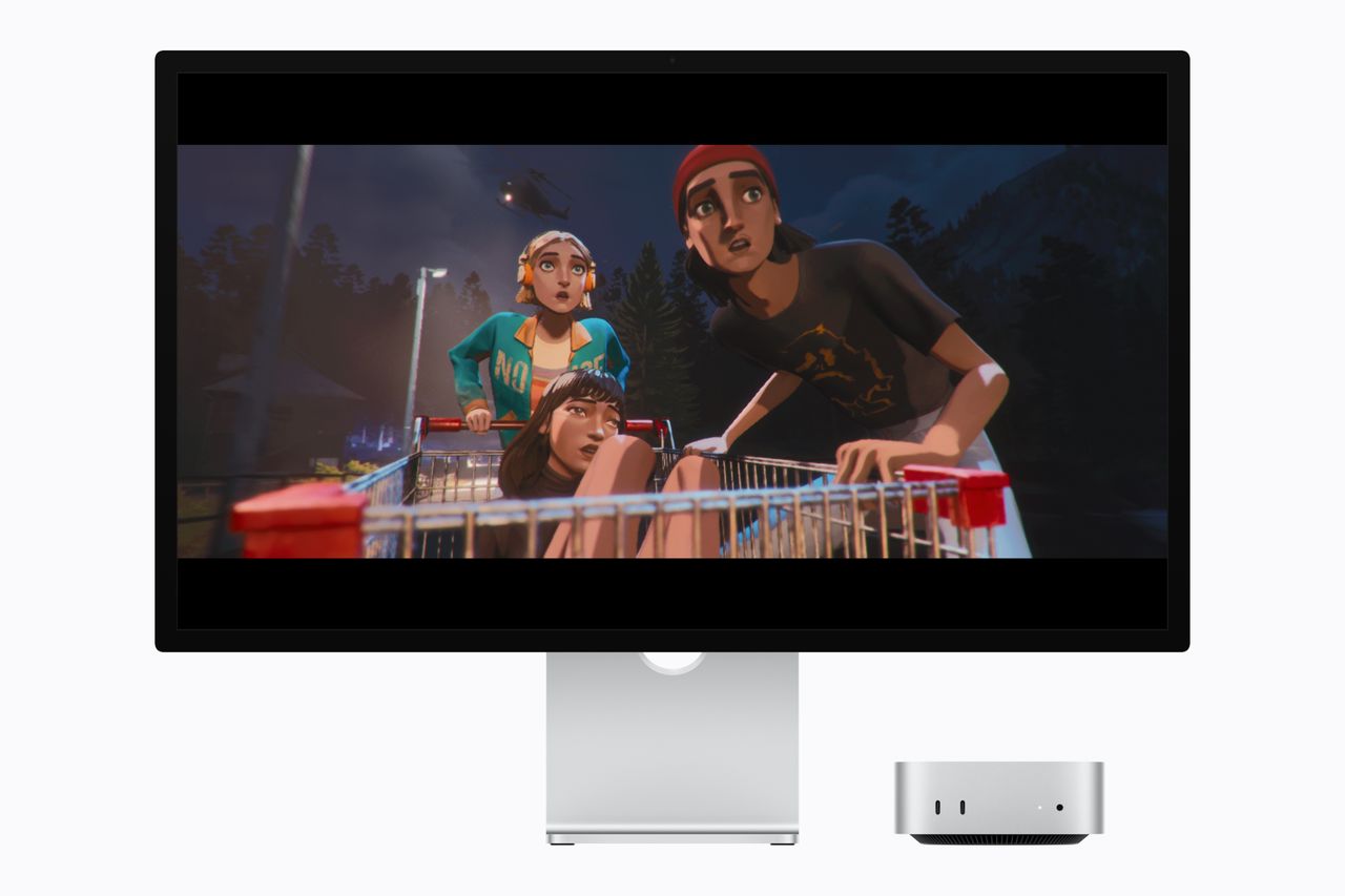 The Apple Mac Mini with M6 chip pictured against a white background with cartoon on screen.