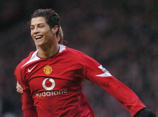 Cristiano Ronaldo celebrates a goal for Manchester United against Aston Villa in January 2005.