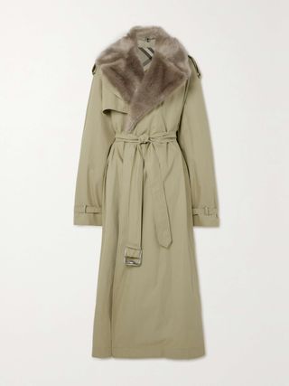 Faux Fur-Trimmed Cotton-Gabardine Trench Coat