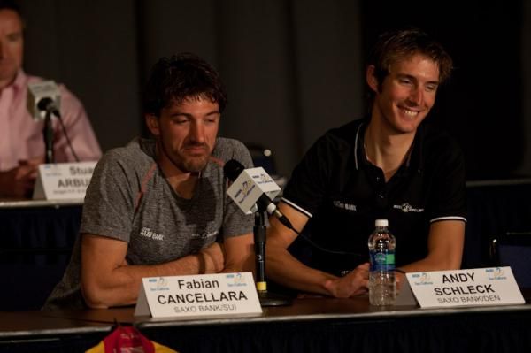 Fabian Cancelara (Saxo Bank) and teammate Andy Schleck have a laugh about recent training.