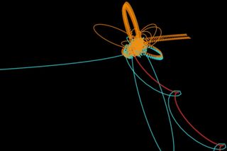 A binary black hole (orange) encounters a single black hole (blue) with relativistic effects in this simulation. Two black holes eventually release a burst of gravitational waves as they merge, forming a new black hole (red).