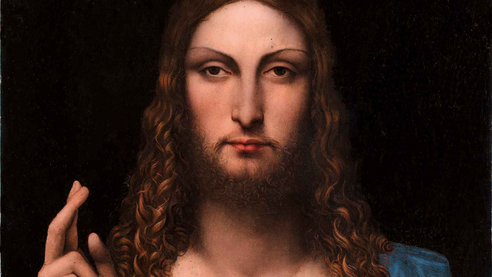 Christ as Salvator Mundi wearing a red and blue robe