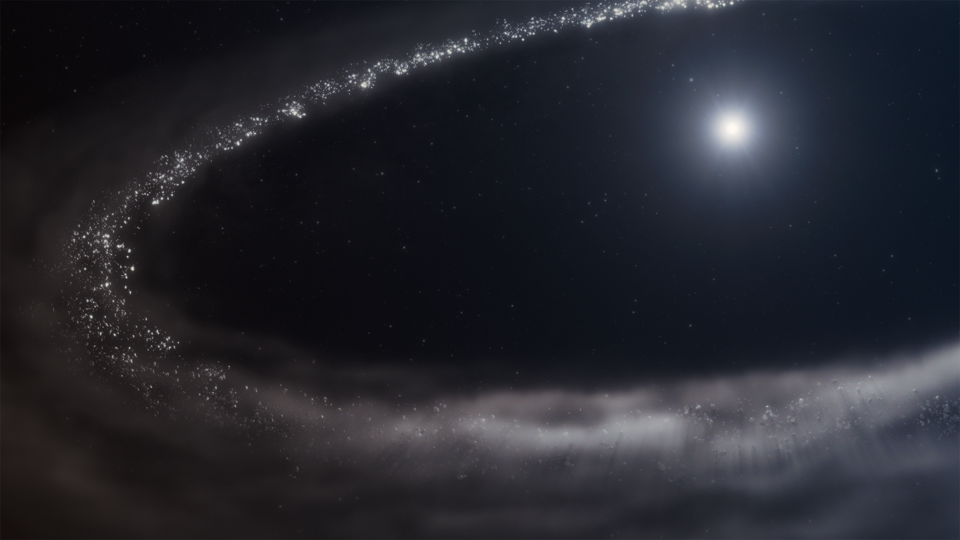 An illustration of a bright white star with a disk around it that looks grayish and slightly sparkly.