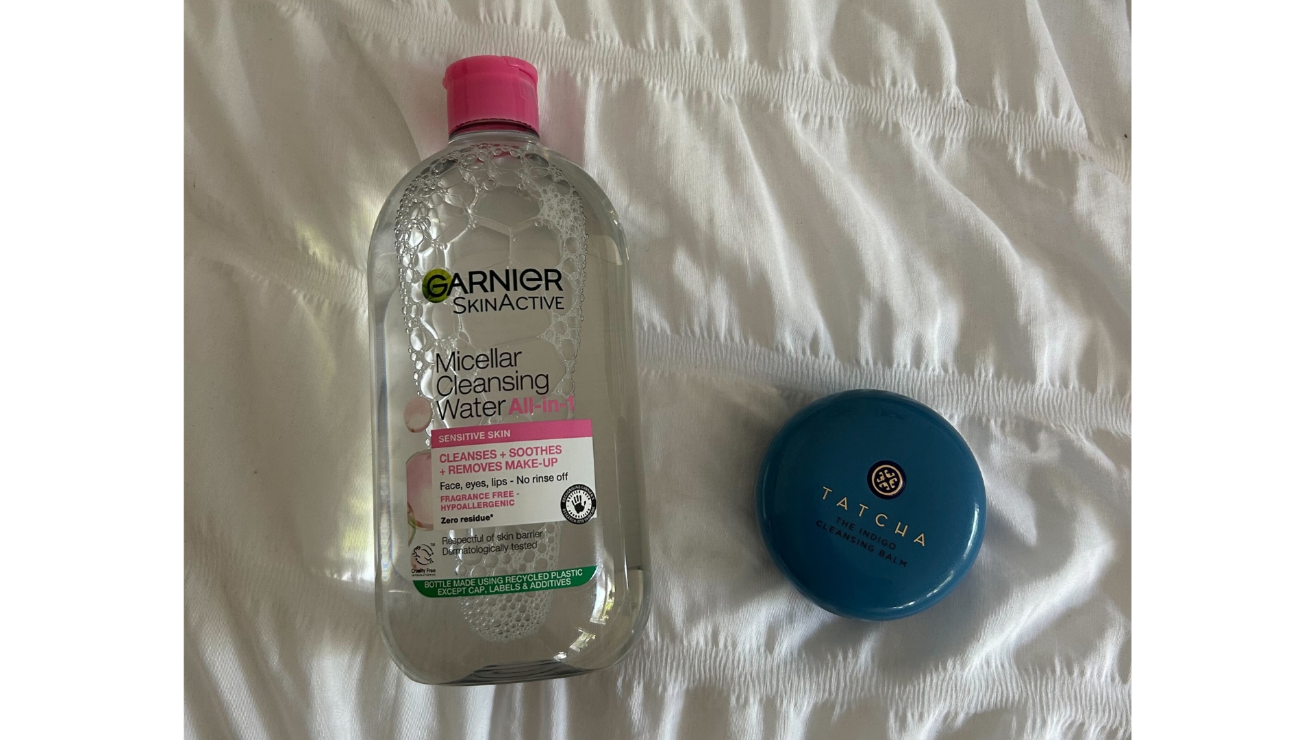Image of the Garnier Micellar Water and Tatcha Indigo Cleansing Balm on a white background