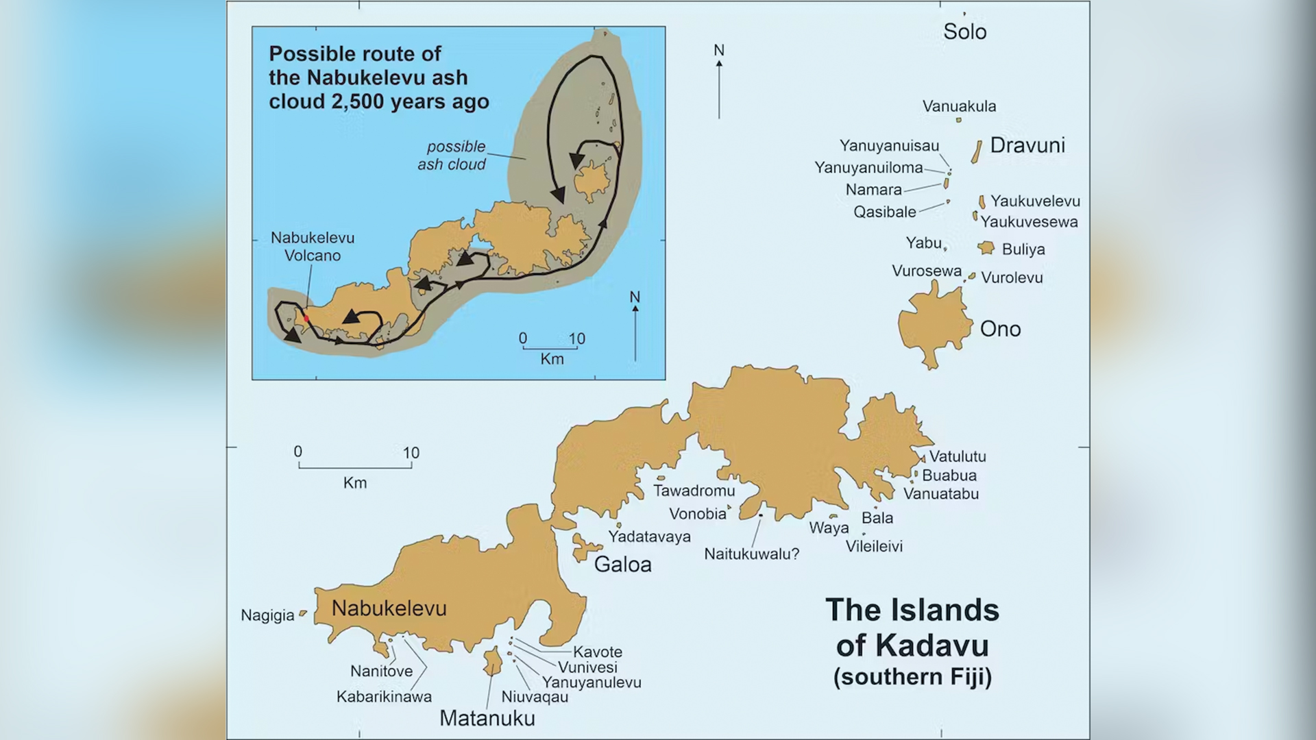 Smaller offshore islands named in seven versions of the Nabukelevu story as having formed following the Nabukelevu eruption. Inset shows the possible trace of the ash cloud based on the stories.